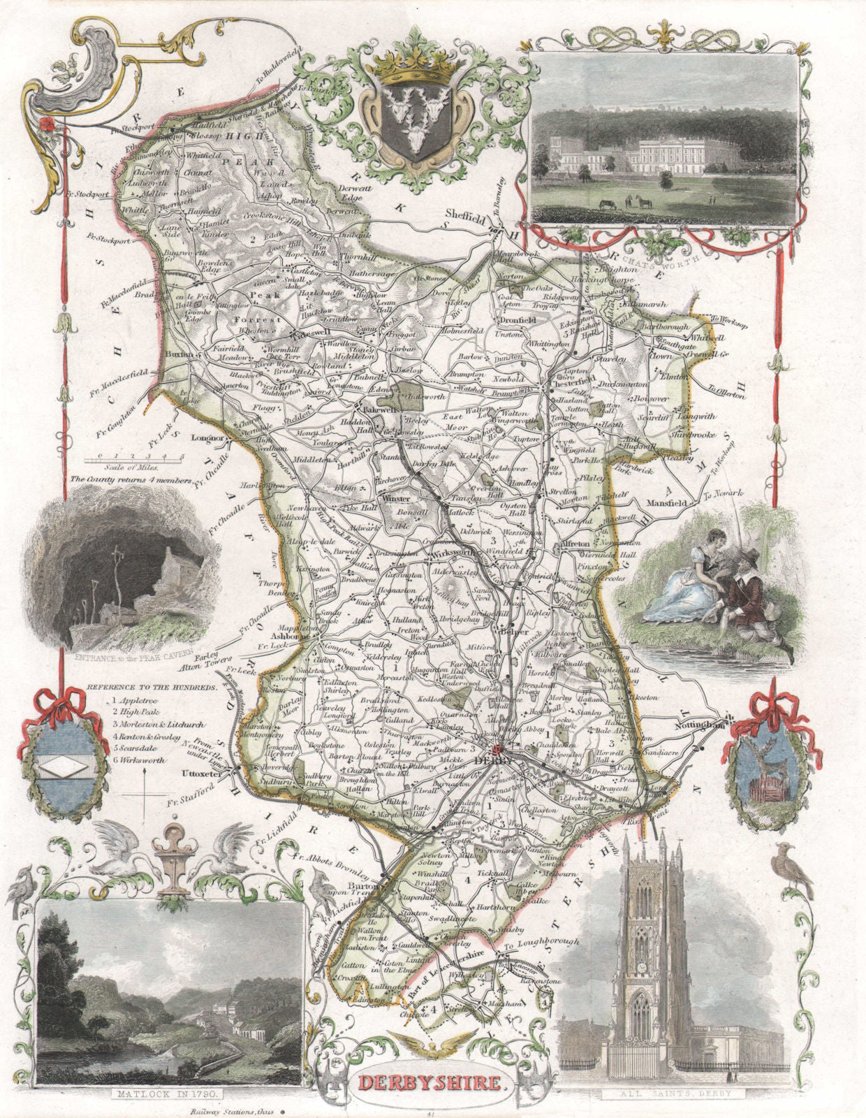 Derbyshire antique hand-coloured county map. Railways. MOULE c1840 old